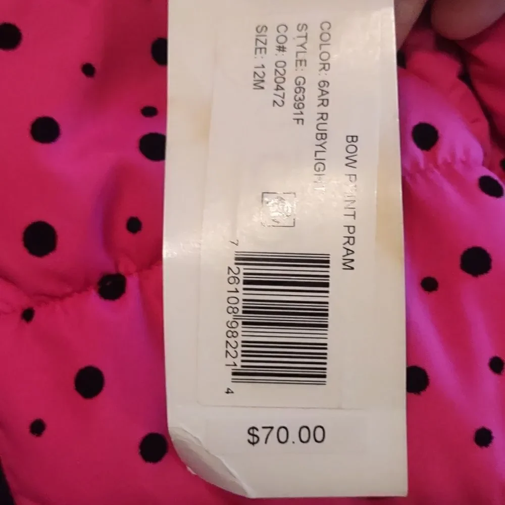 New R 1881 size 12M pink black polka dot hood‎ footed snowsuit zip foldover hand